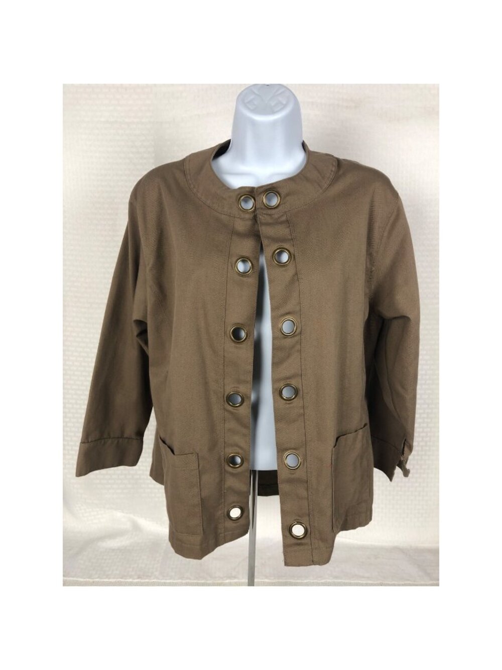 Allison Lane Open Front Jacket Size L Khaki Eyelets Down The Front Long Sleeves